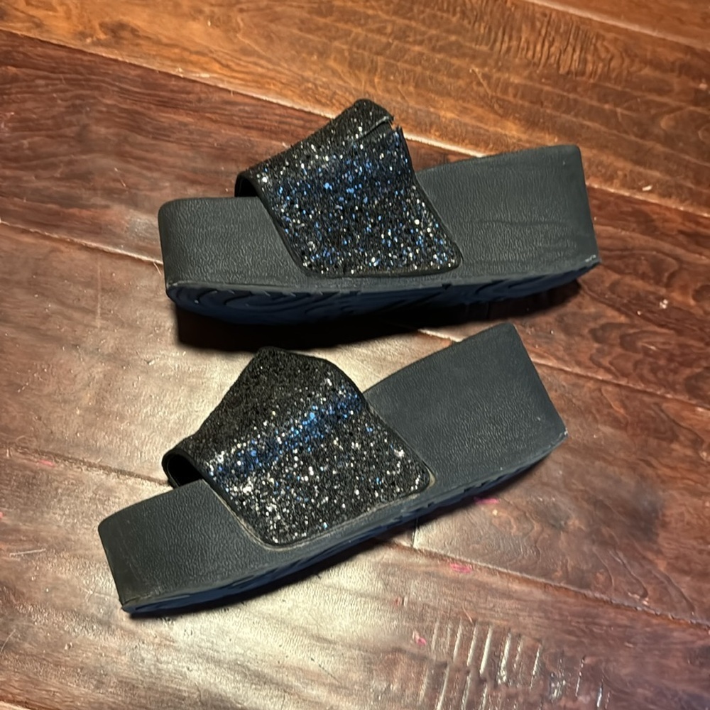 Jessica Simpson black sparkly glitter platform slides size 7 3 inch platform - Picture 6 of 9
